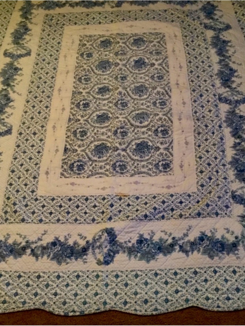 Vintage Blue and White Floral Quilted Coverlet